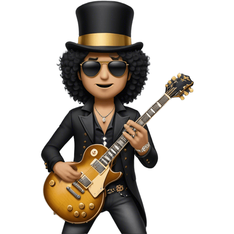 Create a legendary and iconic emoji representing Slash wearing his top hat and holding his Gibson Les Paul guitar. The design should emphasize Slash's distinctive silhouette, with his wild curly hair, sunglasses, and signature black top hat. He should be depicted holding the famous Gibson Les Paul guitar, known for its smooth curves and powerful sound. Use a dark color palette with deep blacks, gold accents, and subtle details like the guitar’s iconic pickups and knobs. The background should be transparent to highlight Slash’s rockstar persona emoji