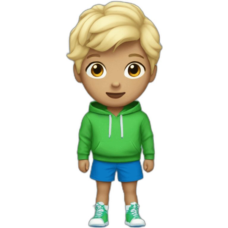 Kid with a green puma hoodie And blue shorts And blonde hair emoji