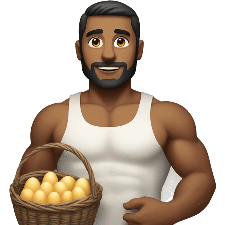 Buff white man with dark hair holding two baskets with a ton of eggs emoji