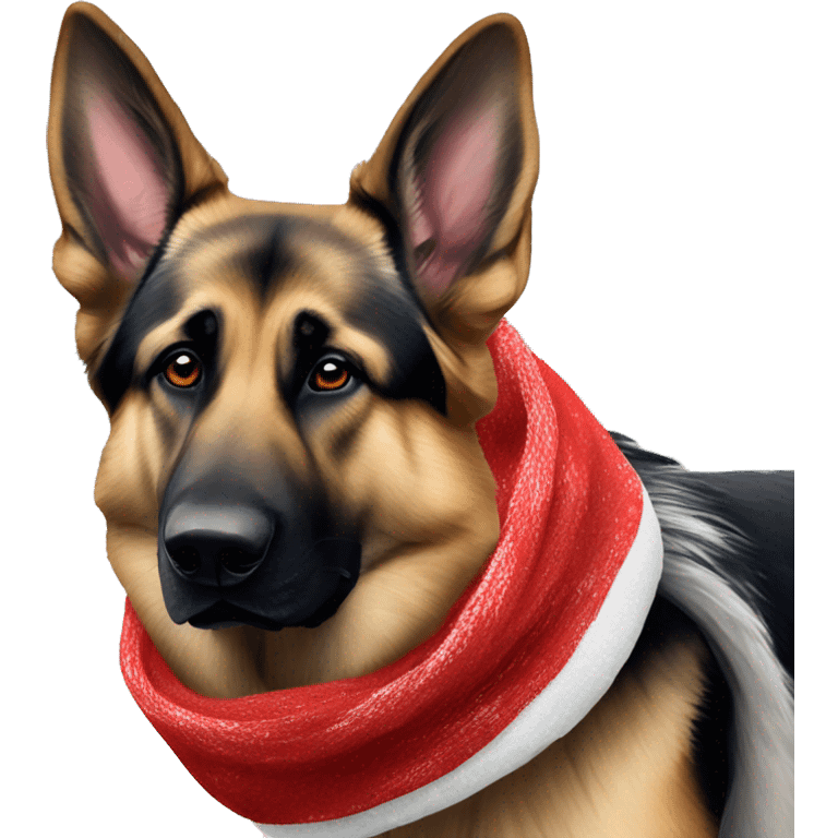 German shepherd dog with a scarf on a cold winter day with a Santa hat emoji