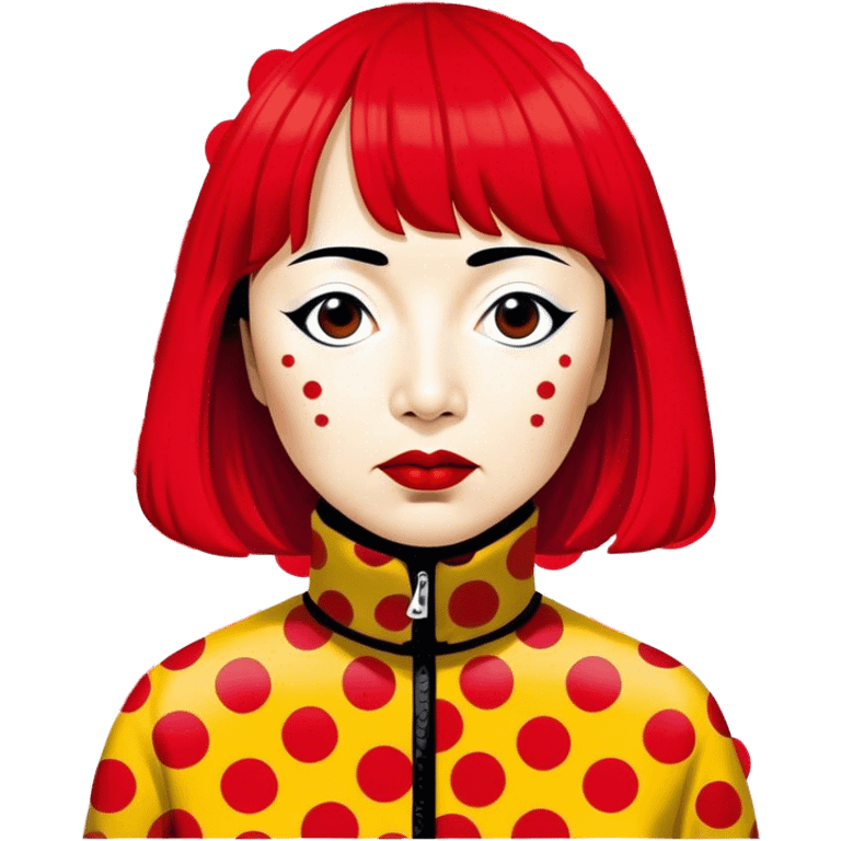 Yayoi Kusama – Cinematic Realistic Portrait of Yayoi Kusama, depicted as an avant-garde artist with an eccentric, captivating expression surrounded by her iconic polka dot patterns, rendered with vivid textures and imaginative lighting that evokes her unique, surreal creative world. emoji