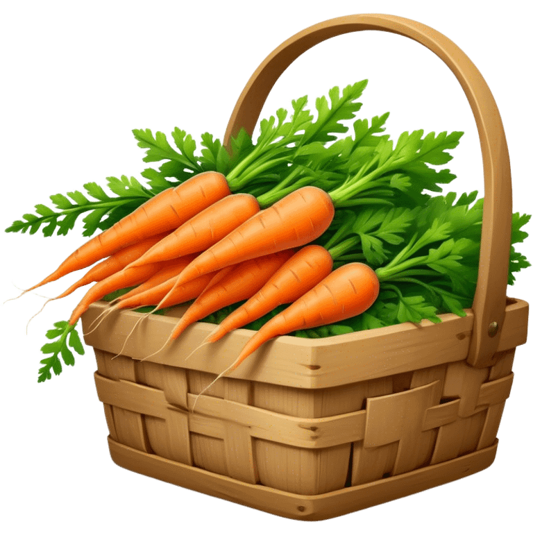 Cinematic vibrant orange carrot, crisp and fresh, slightly twisted with green leafy tops, arranged in a rustic wooden basket, natural and inviting. emoji