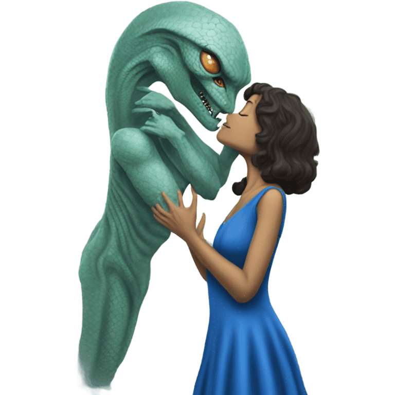 a Reptilian alien woman, in blue dress,  kissing morfeo emoji