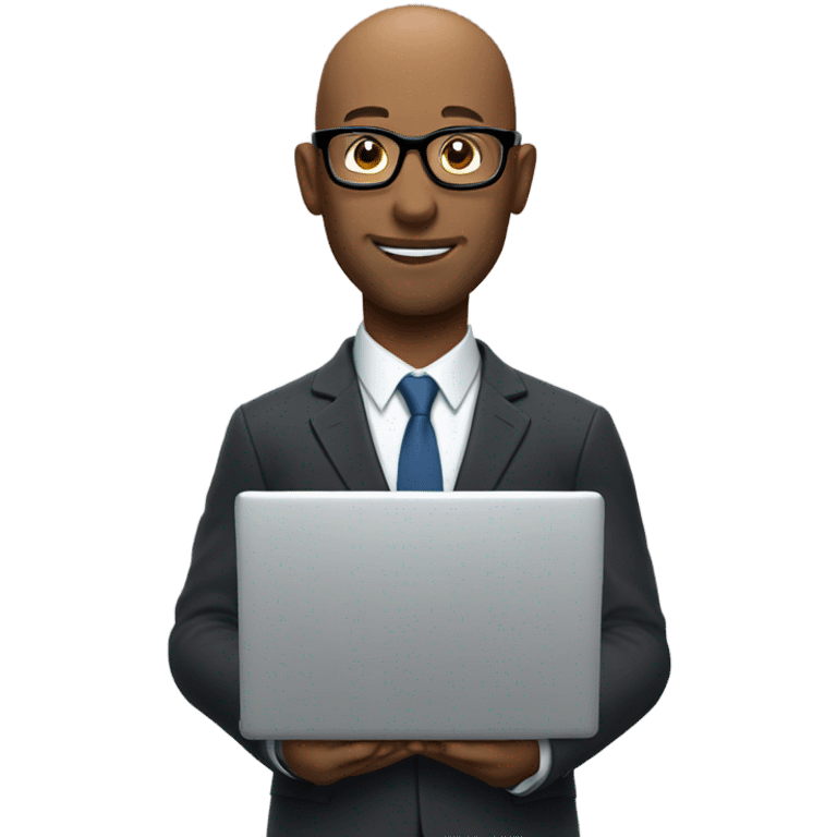 Bald man with glasses wearing a suit and holding a laptop emoji