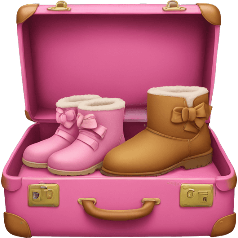 Rosa suitcase with a uggs on top of the suitcase. The Uggs having a rosa bow on them  emoji