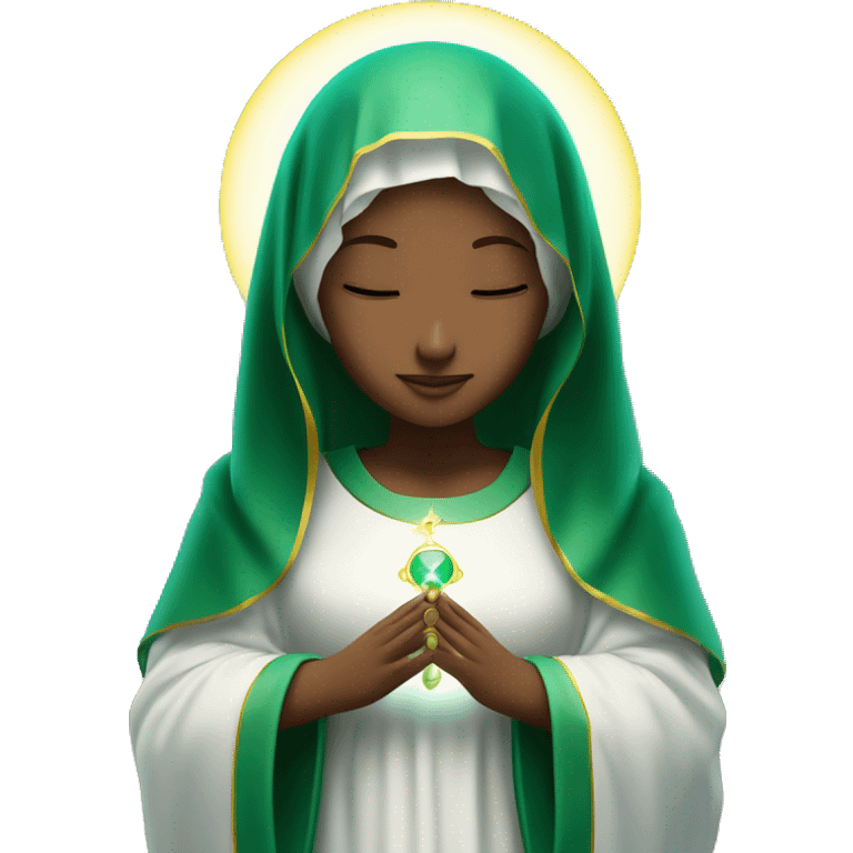 Virgin Mary: kind face looking down at the left Wearing an emerald green  robe and white veil. Hands in prayer or blessing. Halo around her head. standing on a crescent moon.  emoji