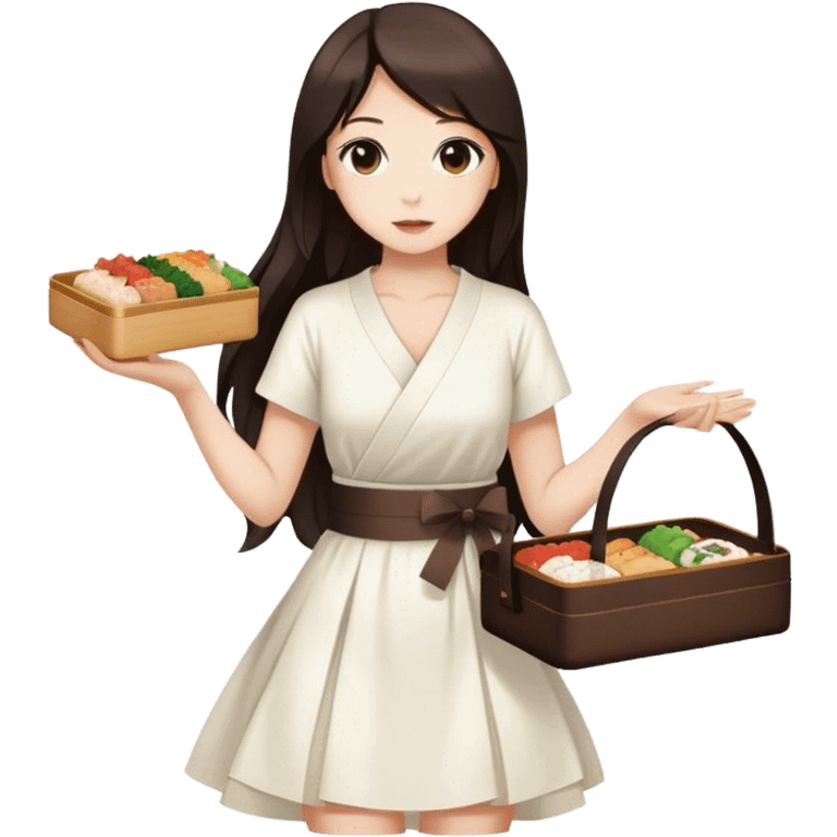 Beautiful woman in 1950’s woman fashion look, white dress, long dark brown hair, Japanese bento emoji