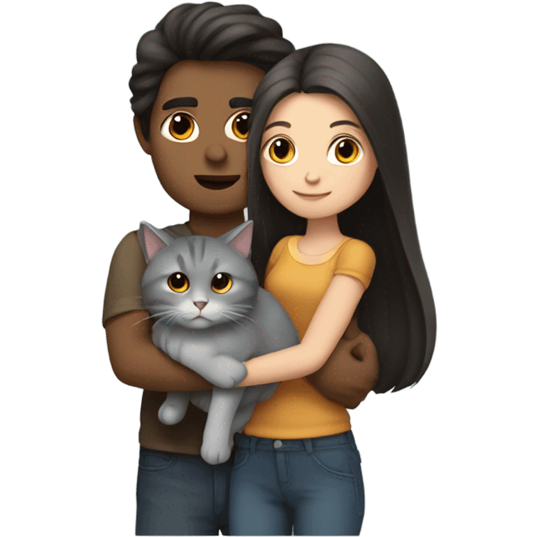 man with long dark hair and brunette girl with grey cat in her arms emoji