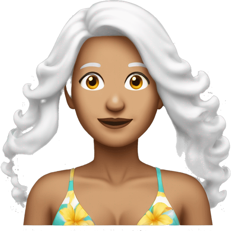 An attractive senior woman Latina colored with long white hair and wearing a closed swimming bikini  emoji