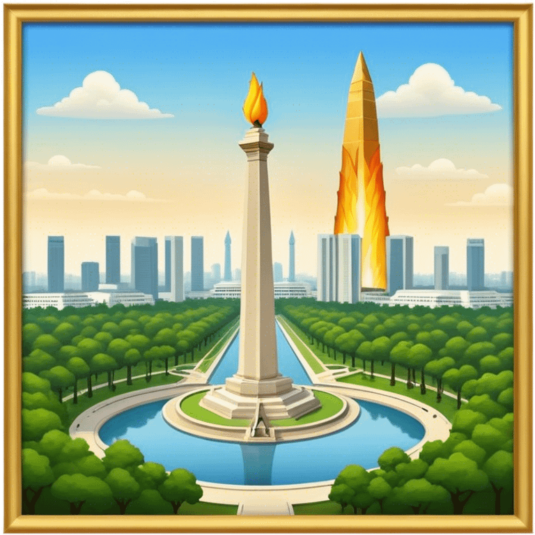 Cinematic Realistic Monas Landmark Emoji, showcasing the National Monument in Jakarta, a towering obelisk with a golden flame, set within a lush park under a clear, radiant sky. emoji