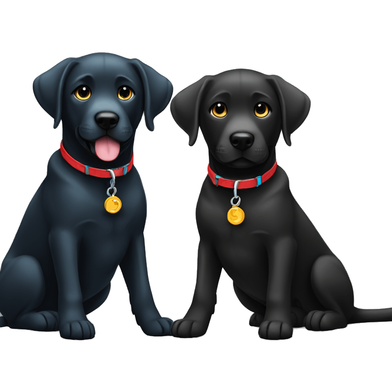 black-coloured labrador on the left with red collar, black-coloured labrador on the right with light blue collar. emoji