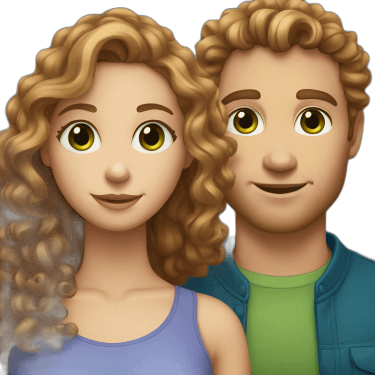 Couple. beautiful girl with light brown long curly hair and green eyes. Handsome white man with brown curly hair and BLUE eyes emoji