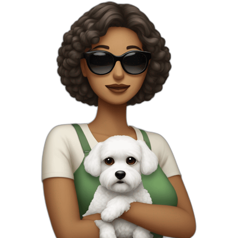 mujer pelo largo negro con gafas y perro bichon blanco emoji