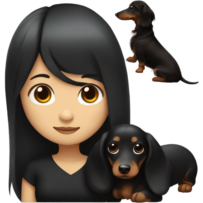 an Asian girl with long hair, wear black dress, hugging long-haired dachshund emoji