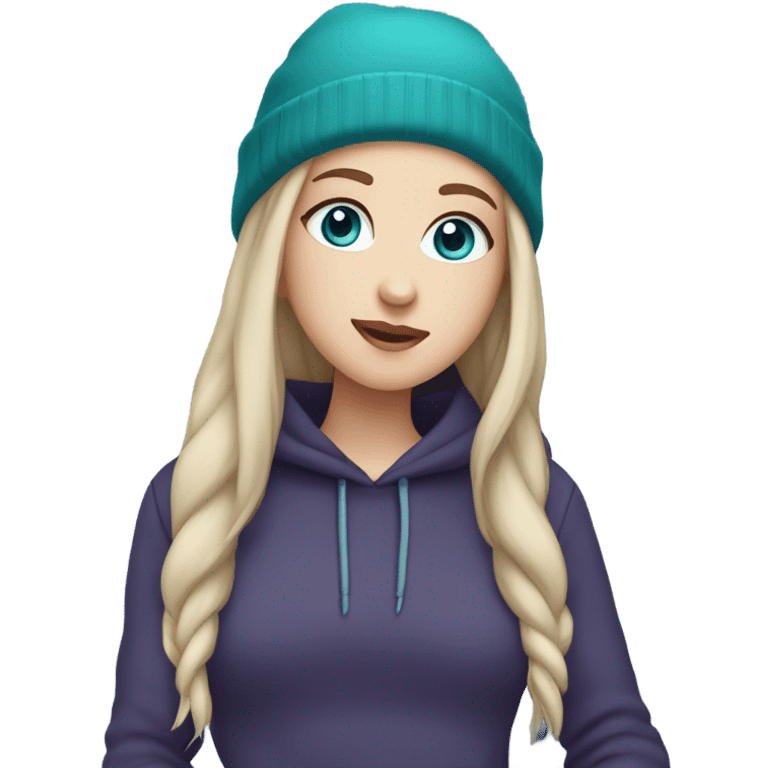 White girl, blue eyes, long teal hair, purple beanie hat, black hoodie, blue jeans, black shoes emoji