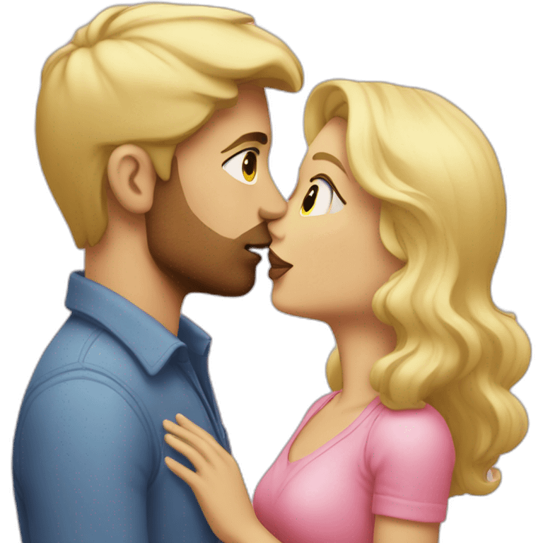 Blond woman in pink kissing brunette man with light face emoji