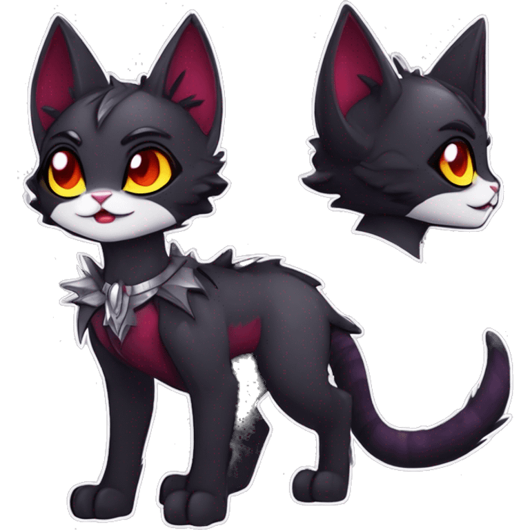 Anthro-Cute-Edgy-Cool-Vampiric-Batty-Cat-Black-Purple-Red-Grey-White-Yellow-Contrast-Colors-Fantasy-Fur-Sona-Chibi-Shiny-Fakémon-Hybrid with horns and big fangs and collar full body emoji