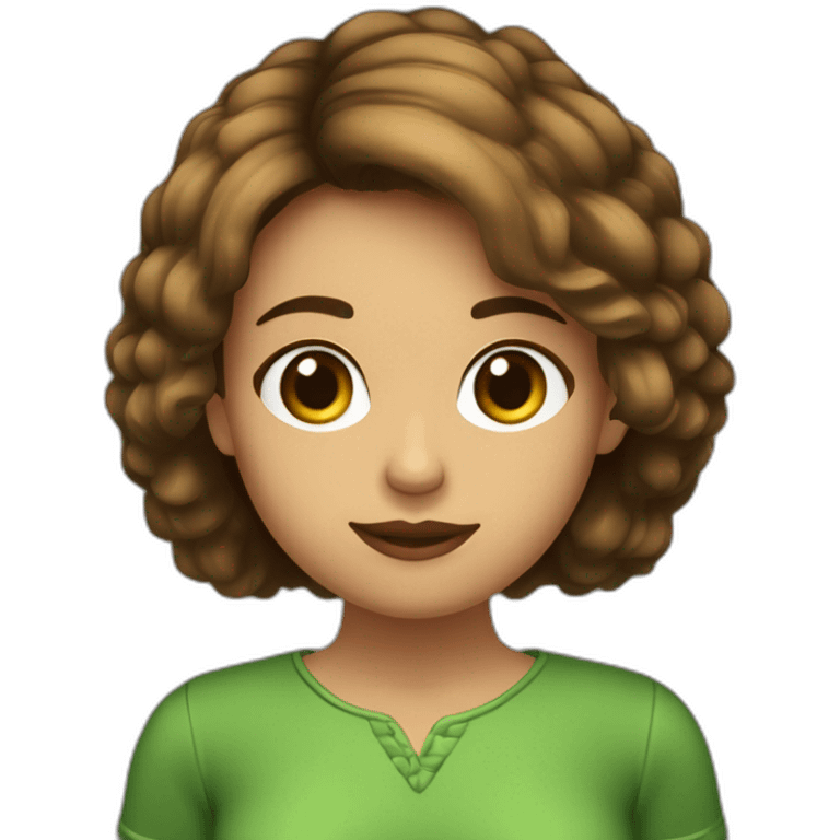 Chica de pelo corto,lacio de color castaño oscuro por debajo de los hombros , ojos color verde con marrón  emoji