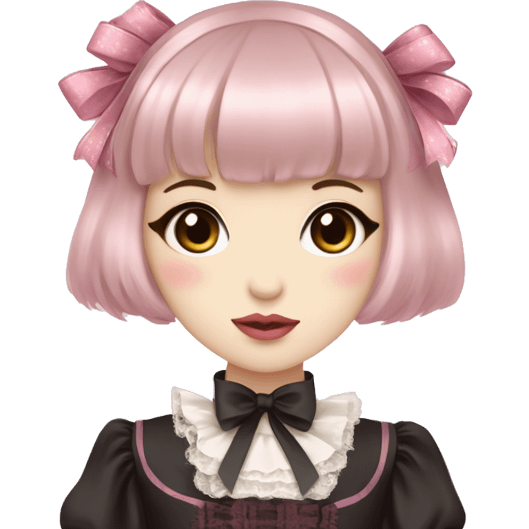 Japanese pale woman with short brown hair and bangs, pink lips and eyeshadow, long eyelashes, brown eyes, pink Lolita dress with laces and ribbons, gothic Lolita doll look emoji