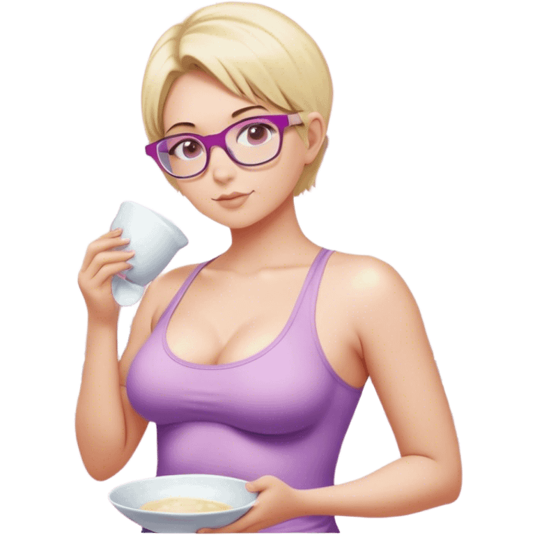 Thick fair skinned woman, short blond hair, small light purple reading glasses, washing dishes, sheer pink tank top, showing natural B cup breast shape SFW, black yoga pants, thick booty emoji