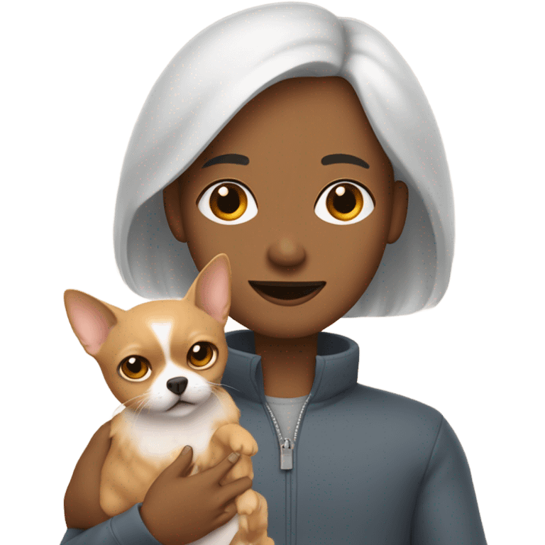 White, bald man holding a grey, small sphinx cat and woman with dark, straight hair holding orange, fluffy Pomeranian dog emoji