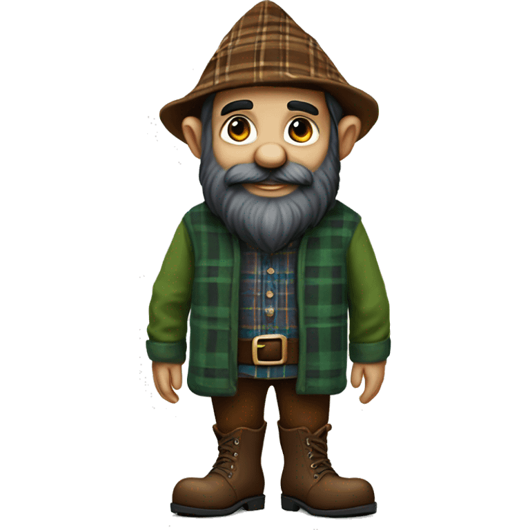 Full-length gnome, almost black beard, brown eyes, young, with a blue woolen hat, brown boots and a green plaid shirt. The body should be cartoonish and not realistic. emoji