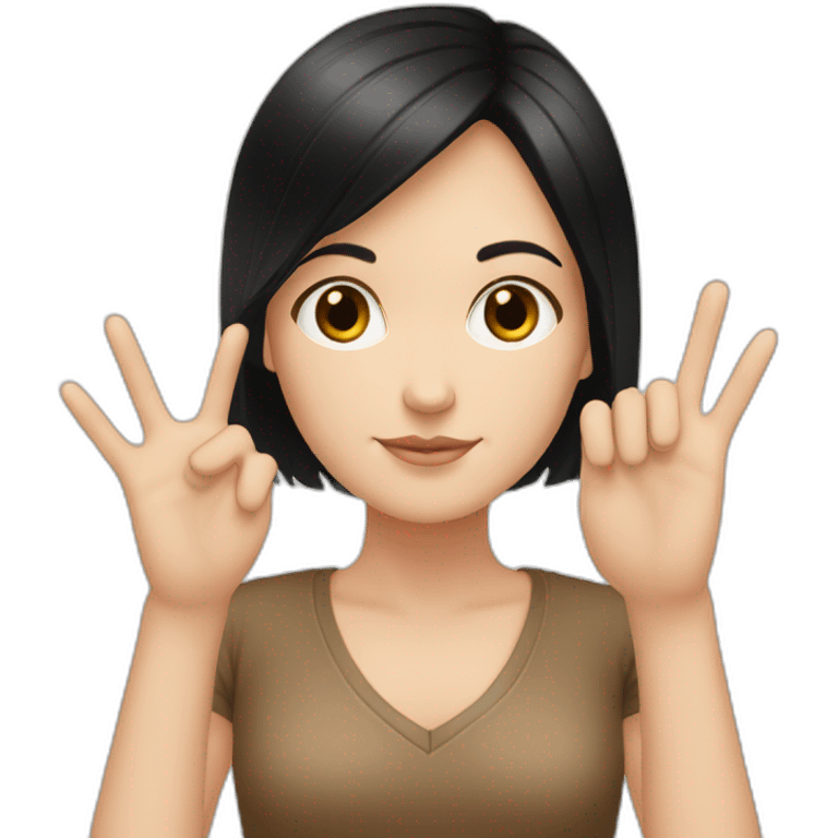 white girl with black hair make peace with hand emoji