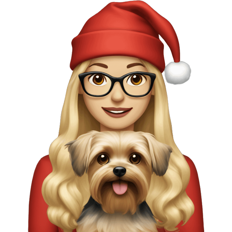 Beautiful woman with long blonde hair and black glasses wearing a red santa hat holding Yorkshire terrier emoji