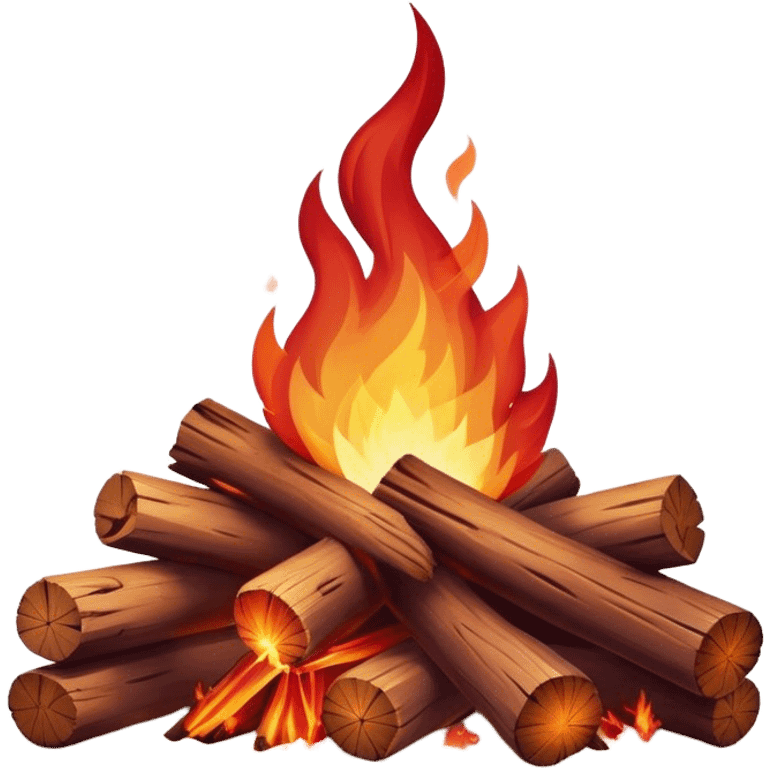 Cinematic Realistic Campfire, a roaring flame crackling atop carefully arranged logs, embers glowing deep red, golden light casting soft flickering shadows, gentle smoke drifting upwards, glowing with warmth and coziness. emoji