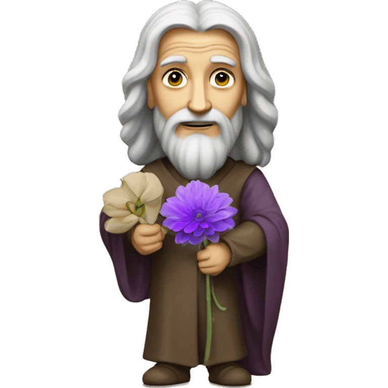 leonardo da Vinci holds a purple flower in his hands emoji