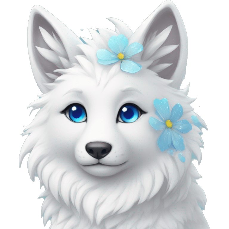 Anthro Cute Cool Kawaii gorgeous sparkly ethereal white fantasy animal creature with blue eyes furry sona with flowers beautiful aesthetic emoji