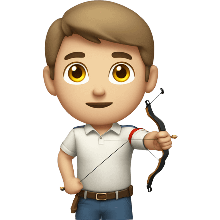 a male archer aiming with a bow looking at his target, wearing a polo shirt, brown hair, bright skin, emoji