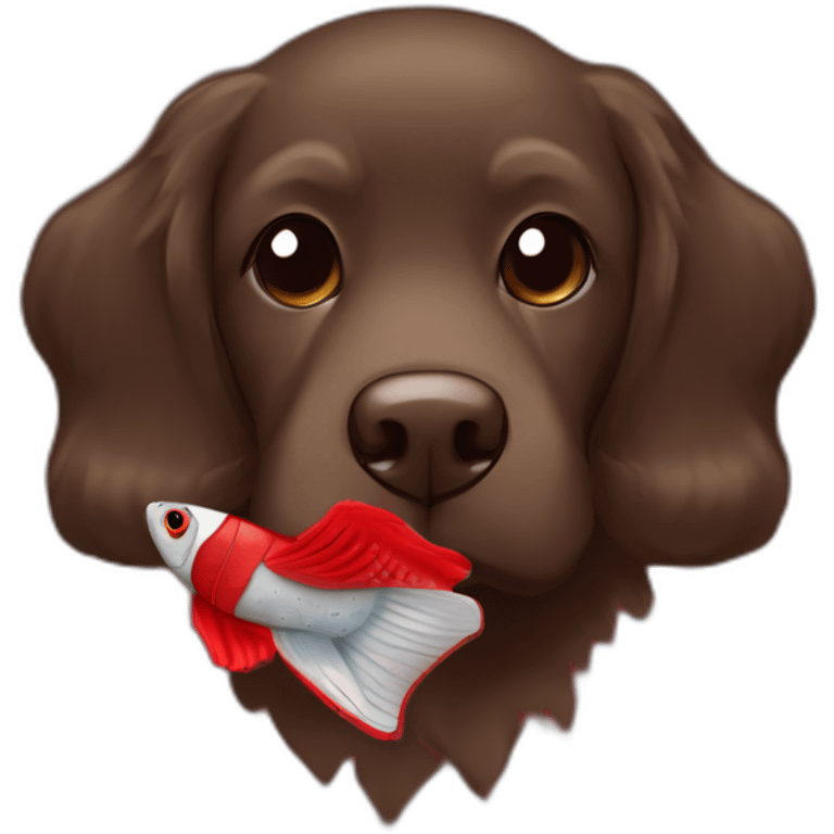 Chocolate brown colored doodle with a red and black flannel hankerchief holding a plush trout fish chew toy emoji