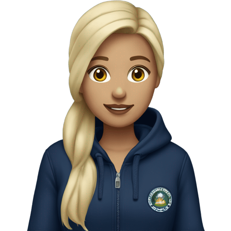 A blonde girl wearing a navy sweatsuit with Tasman uggs emoji