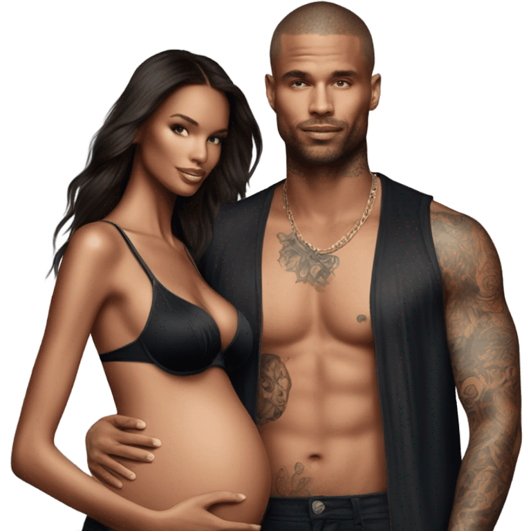 Photo of a Victoria secret model pregnant standing next to a tattooed male model  emoji