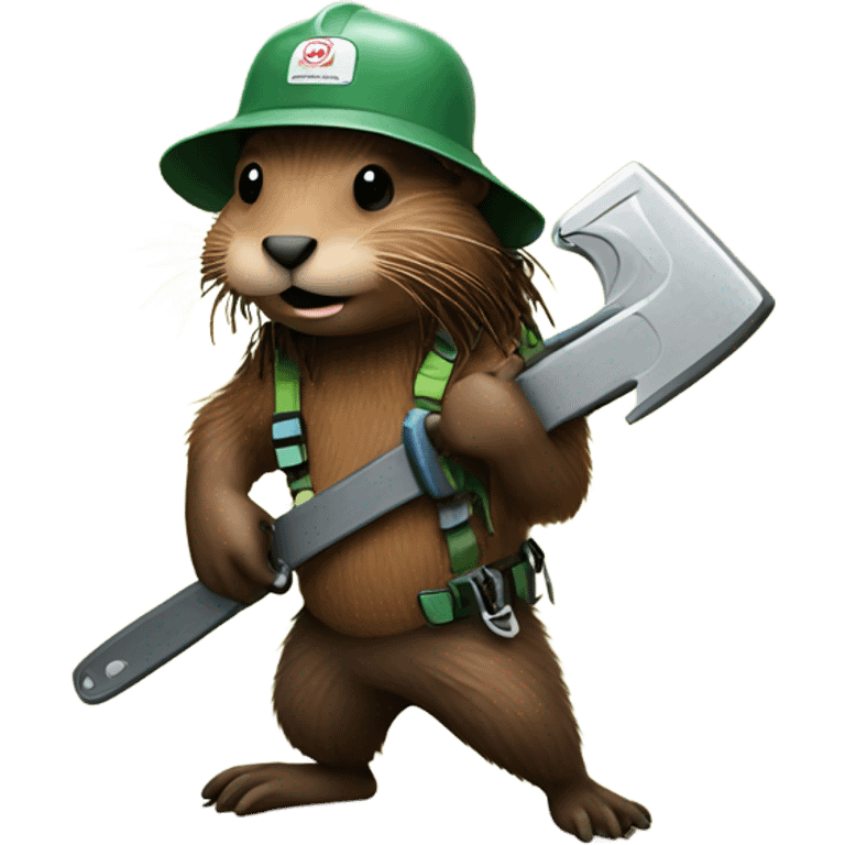 Beaver with dreadlocks in climbing gear with a chainsaw  emoji