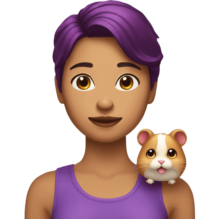 Chica con el pelo morado al lado de un hamster emoji