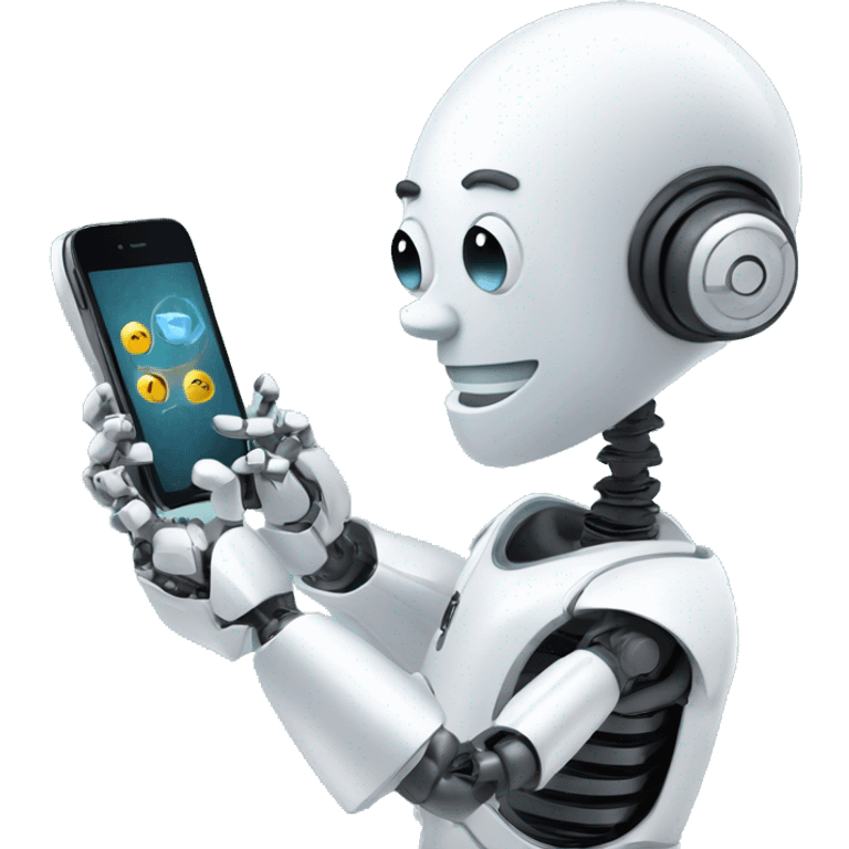 fancy stylish techy ai assistant robot typing a message a message on his iphone while greeting with his smile emoji