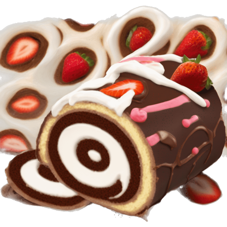 Chocolate Swiss roll birthday cake with sliced strawberries and popped cream swirls on top  emoji