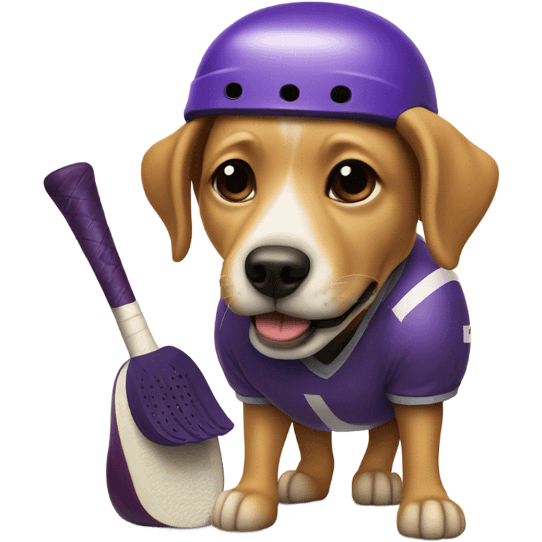 Dog with hockey helmet eating an eggplant emoji