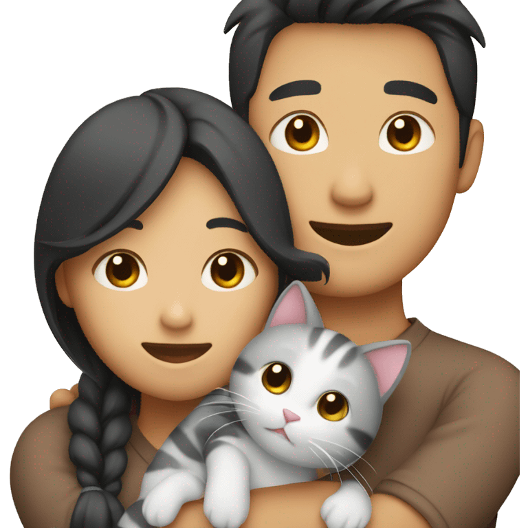 asian couple hugging with a cat emoji