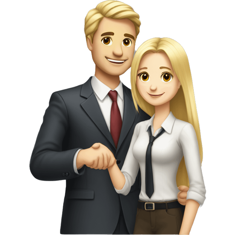 A 40-year-old fair-skinned businessman shakes hands with an 18-year-old fair-skinned blonde girl, full-length emoji, high details emoji