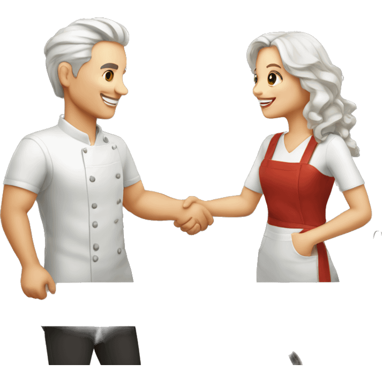 restaurant owner and blogger shaking hands, both with white skin, in great detail emoji