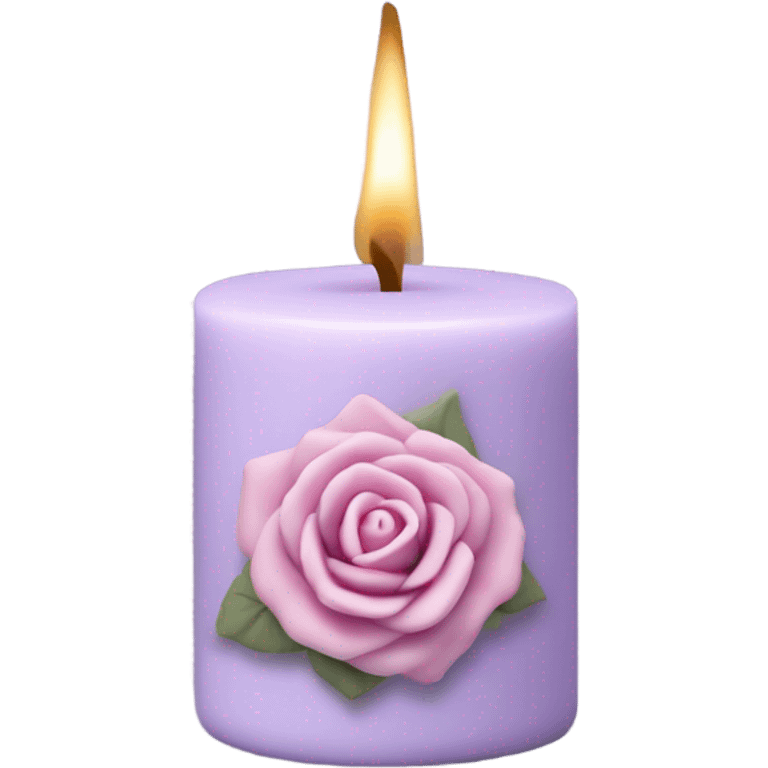 A soft lilac candle with a delicate pink wax rose on top, placed beside an old poetry book. emoji