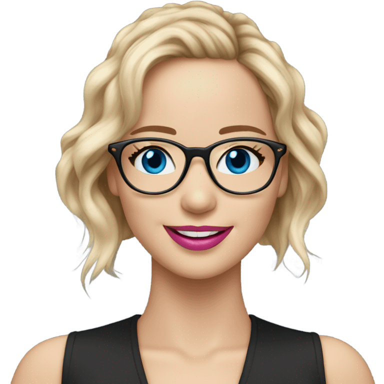 Happy Jennifer Lawrence,  blue eyes wearing glasses and pink lipstick  emoji