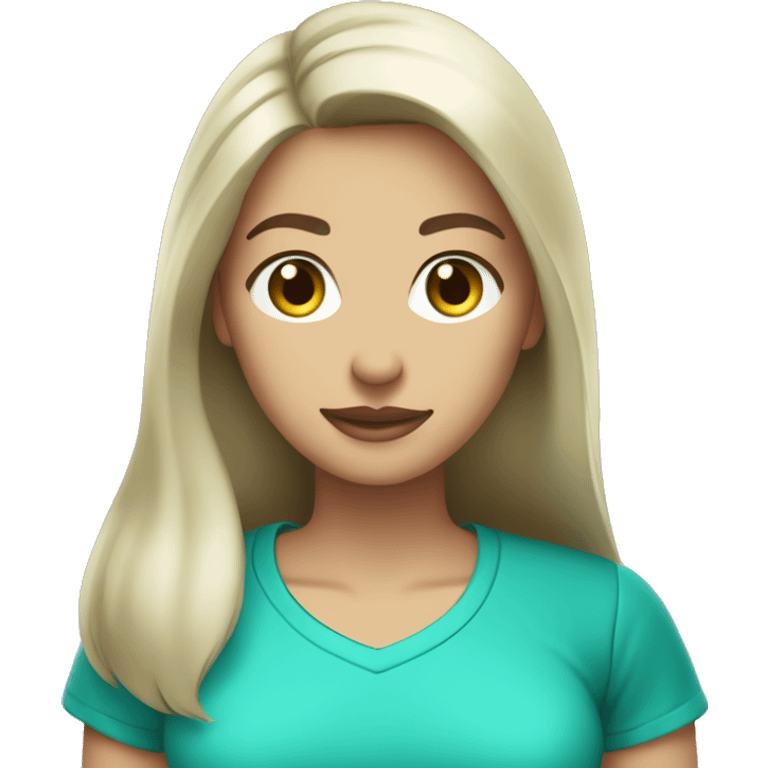 woman cleaner with light skin and long dark straight hair in turquoise color t-shirt. she stay with vacum cleaner emoji