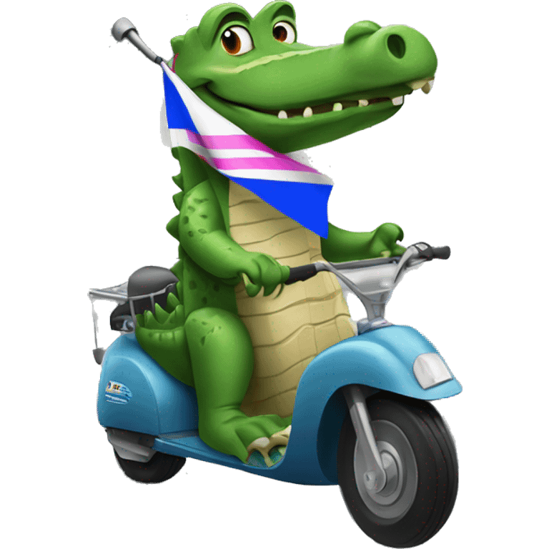 crocodile wrapped in a transgender flag riding a scooter  emoji