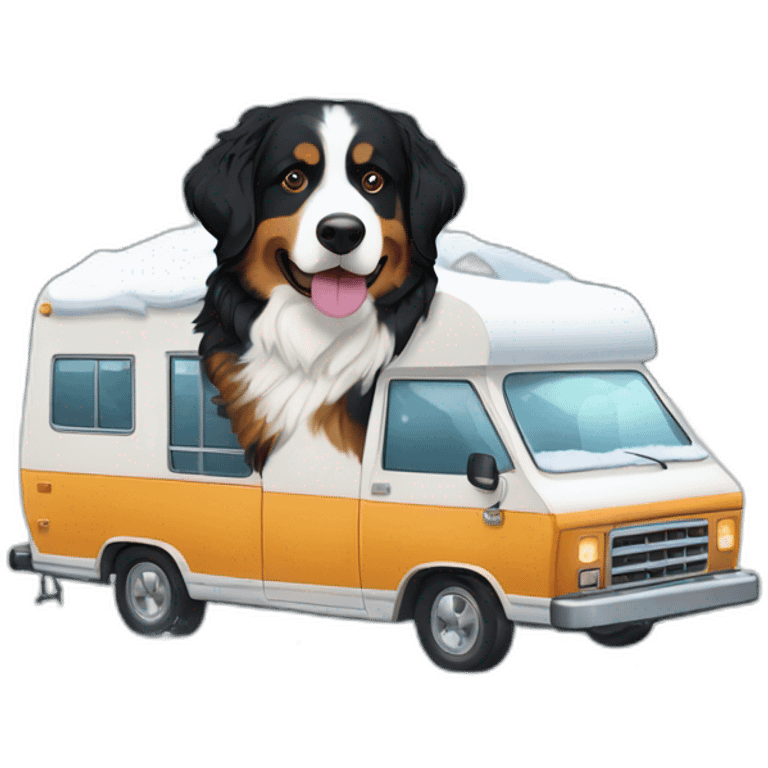 bernese mountain dog driving camper under snow emoji