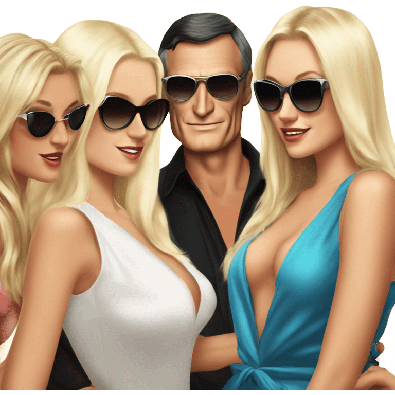 Young Hugh Hefner sunglasses with 4 beautiful blonde girlfriends emoji