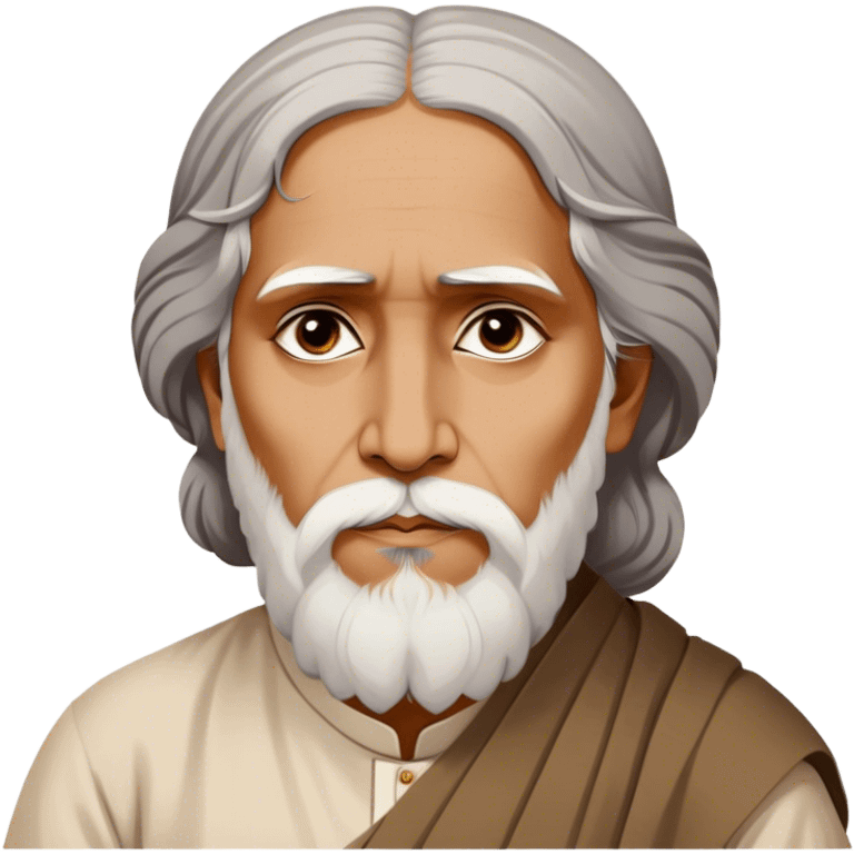 Rabindranath Tagore – Cinematic Realistic Portrait of Rabindranath Tagore, depicted with thoughtful, soulful eyes and gentle features, dressed in traditional Bengali attire with subtle artistic motifs, bathed in warm, soft lighting that evokes his poetic genius and timeless wisdom. emoji